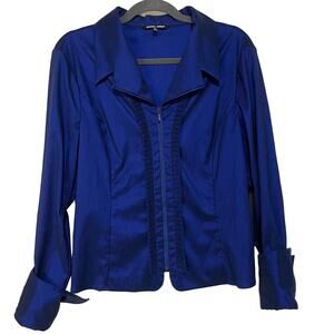 Samuel Dong Royal Blue Zip Long Sleeve Blouse Ruffle XL Whimsigoth Witchy Collar